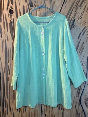 Fridaze Linen Redefined Lime Green 100% Linen Tunic Large Mixed Buttons Pockets